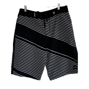 Mens Hurley Board Shorts Black stripe Size 34 GUC Drawstring zip pocket 6368